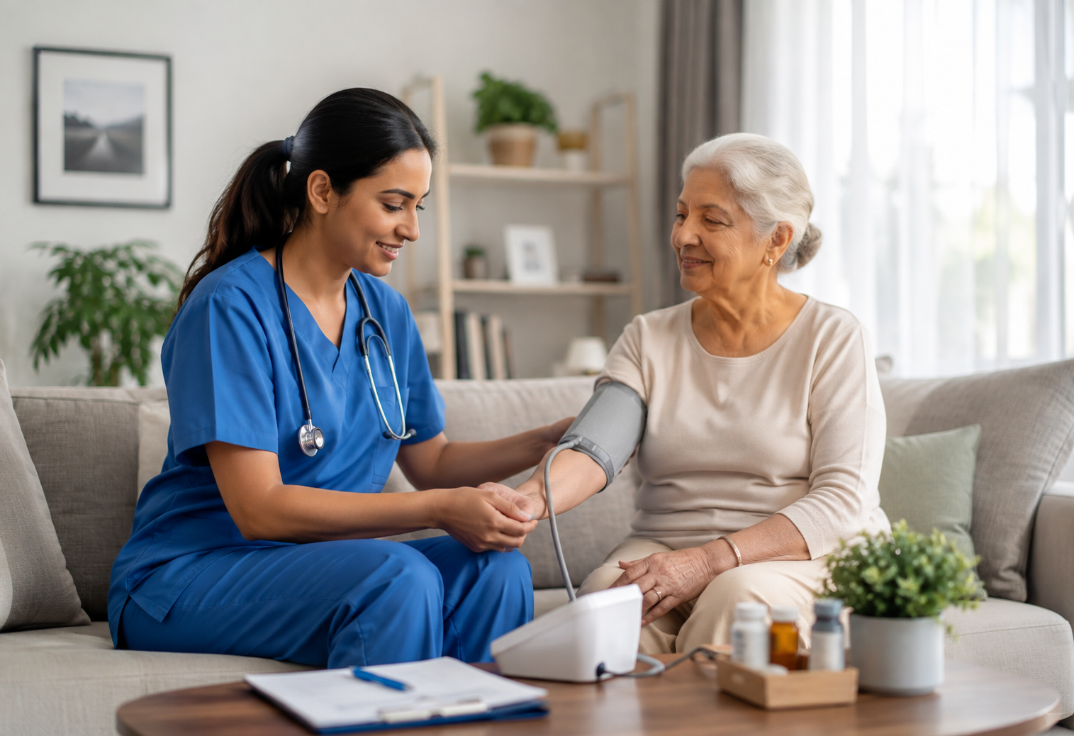 Home healthcare nurse assisting an elderly patient at home